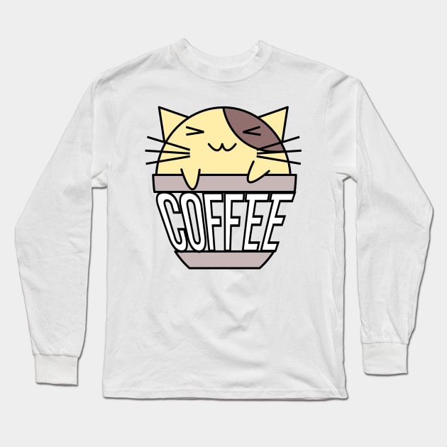 Happy cat in coffee cup with warped text yellow and brown Long Sleeve T-Shirt by coffeewithkitty